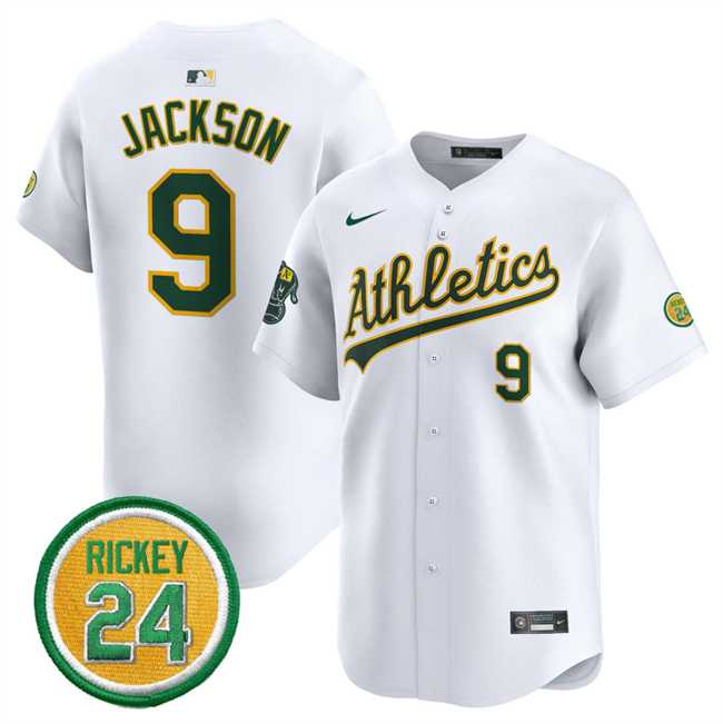 Mens Oakland Athletics #9 Reggie Jackson White 2024 Home Limited With Rickey Henderson Patch Stitched Jersey Dzhi